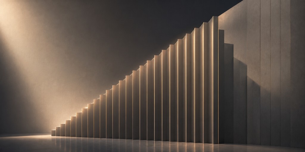Minimal architectural pillars rising in stepped heights, warm light across stone surfaces - representing disciplined growth.