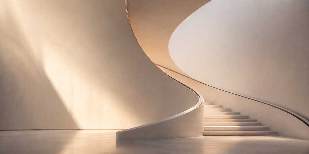 Minimal interior with a sweeping curved staircase in warm beige light - symbolizing strategic consulting and architecture.